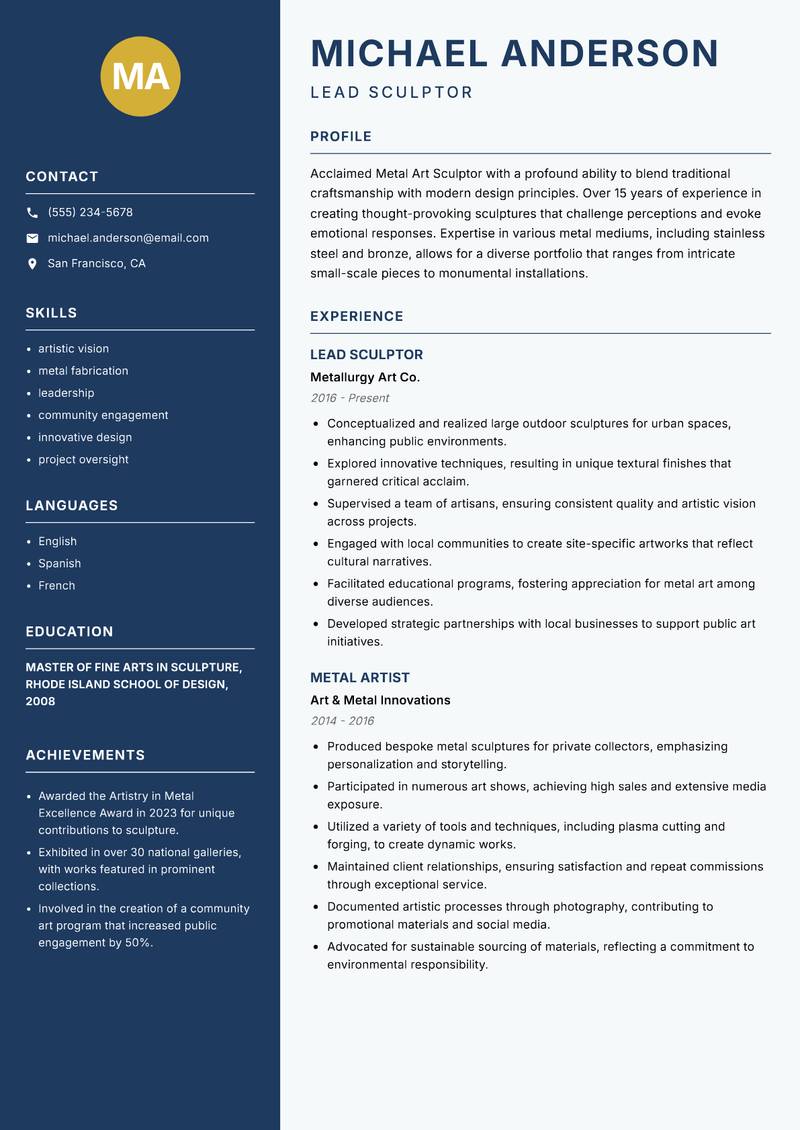 Metal Art Sculptor resume template — Classic Clean