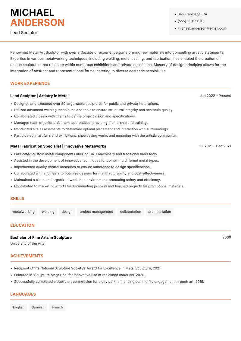 Metal Art Sculptor resume template — Modern Professional
