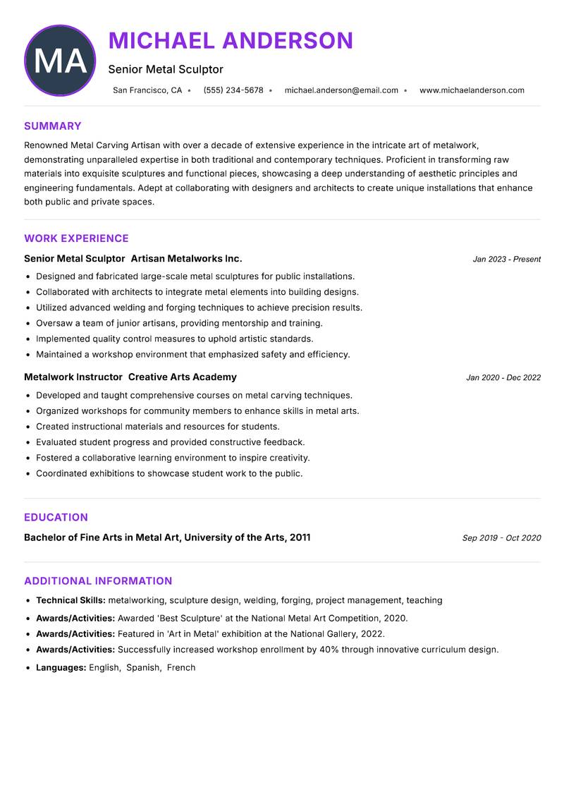 Metal Carving Artisan resume example — ATS-friendly template