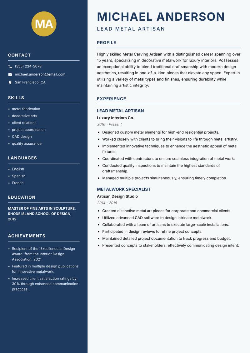 Metal Carving Artisan resume template — Classic Clean