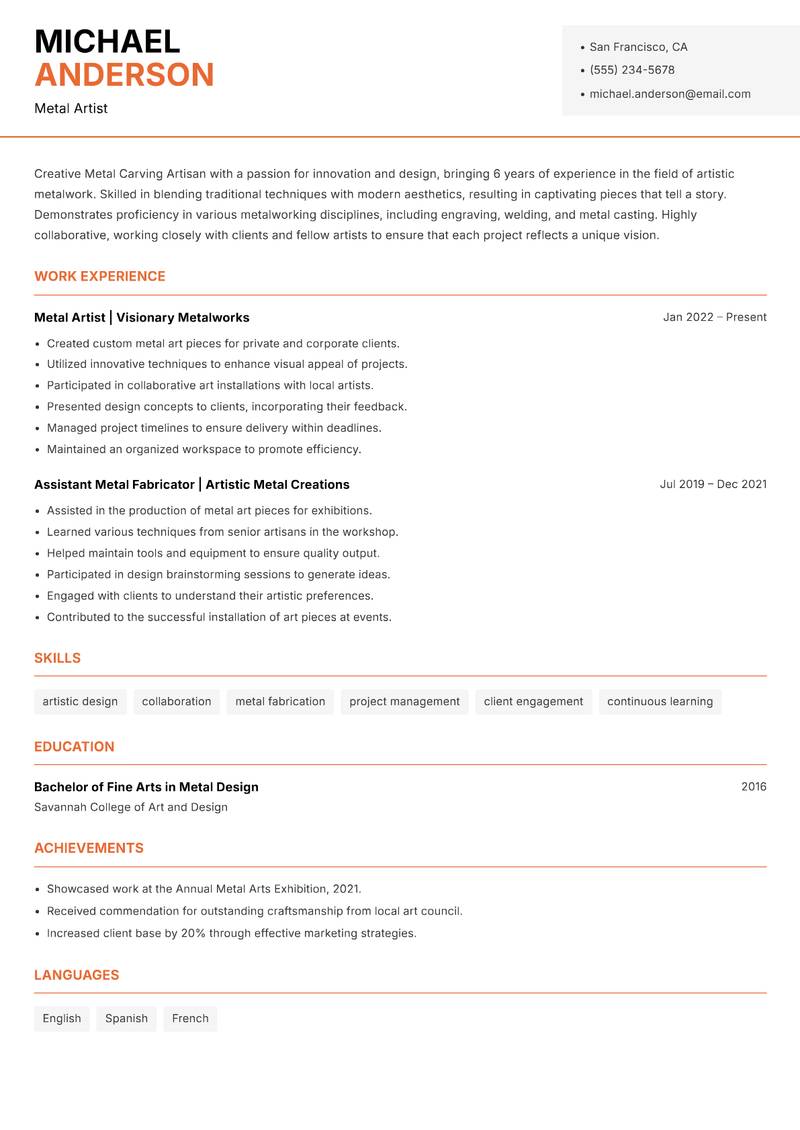 Metal Carving Artisan resume template — Modern Professional