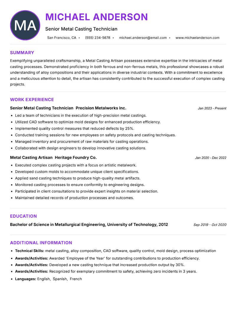 Metal Casting Artisan resume example — ATS-friendly template