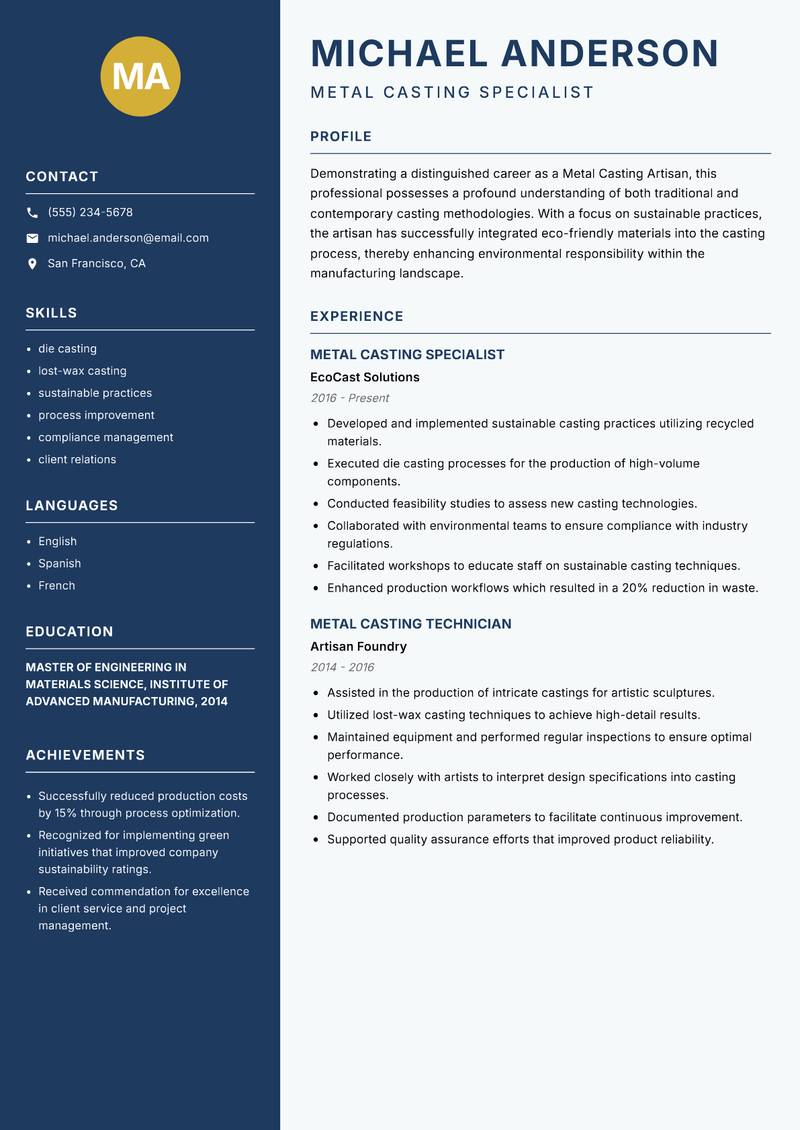 Metal Casting Artisan resume template — Classic Clean