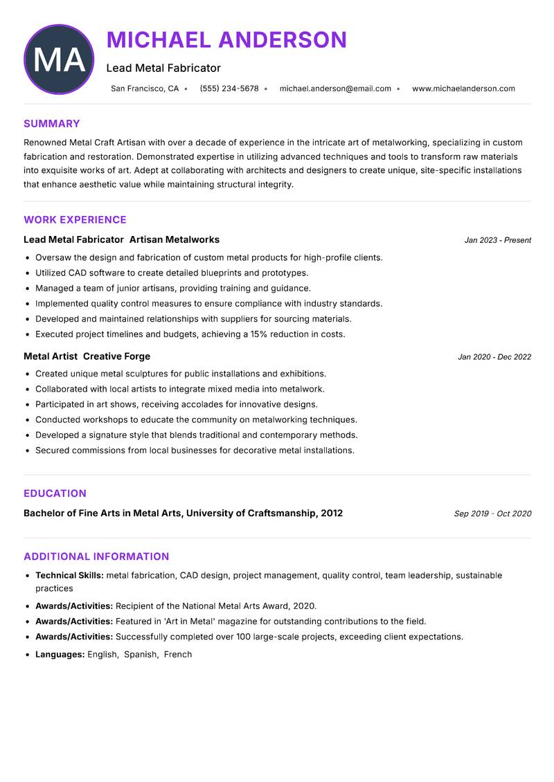 Metal Craft Artisan resume example — ATS-friendly template