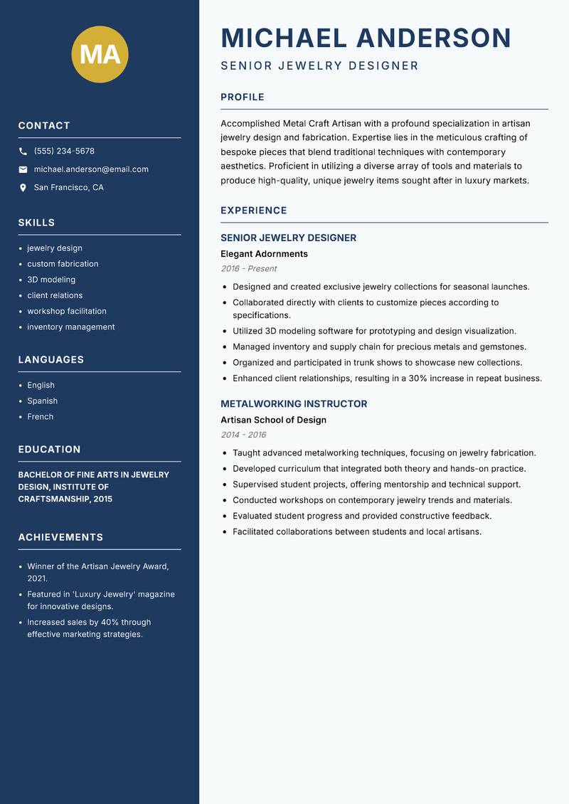 Metal Craft Artisan resume template — Classic Clean