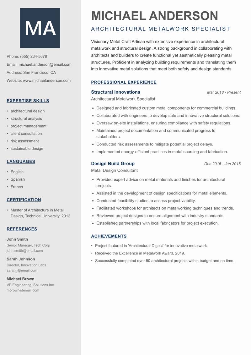 Metal Craft Artisan resume template — Creative Minimal
