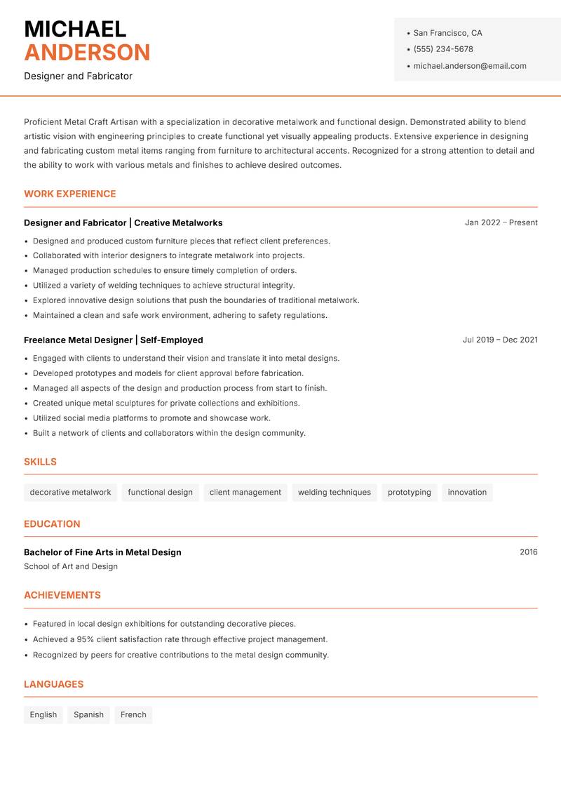 Metal Craft Artisan resume template — Modern Professional