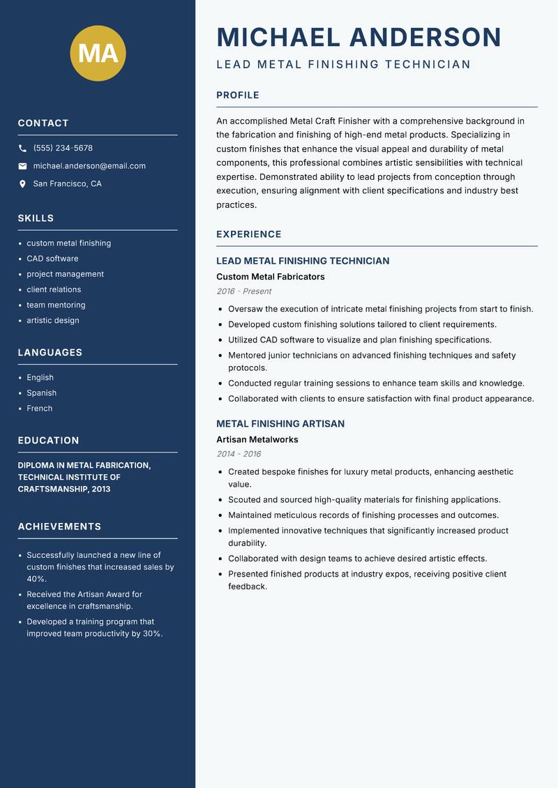 Metal Craft Finisher resume template — Classic Clean