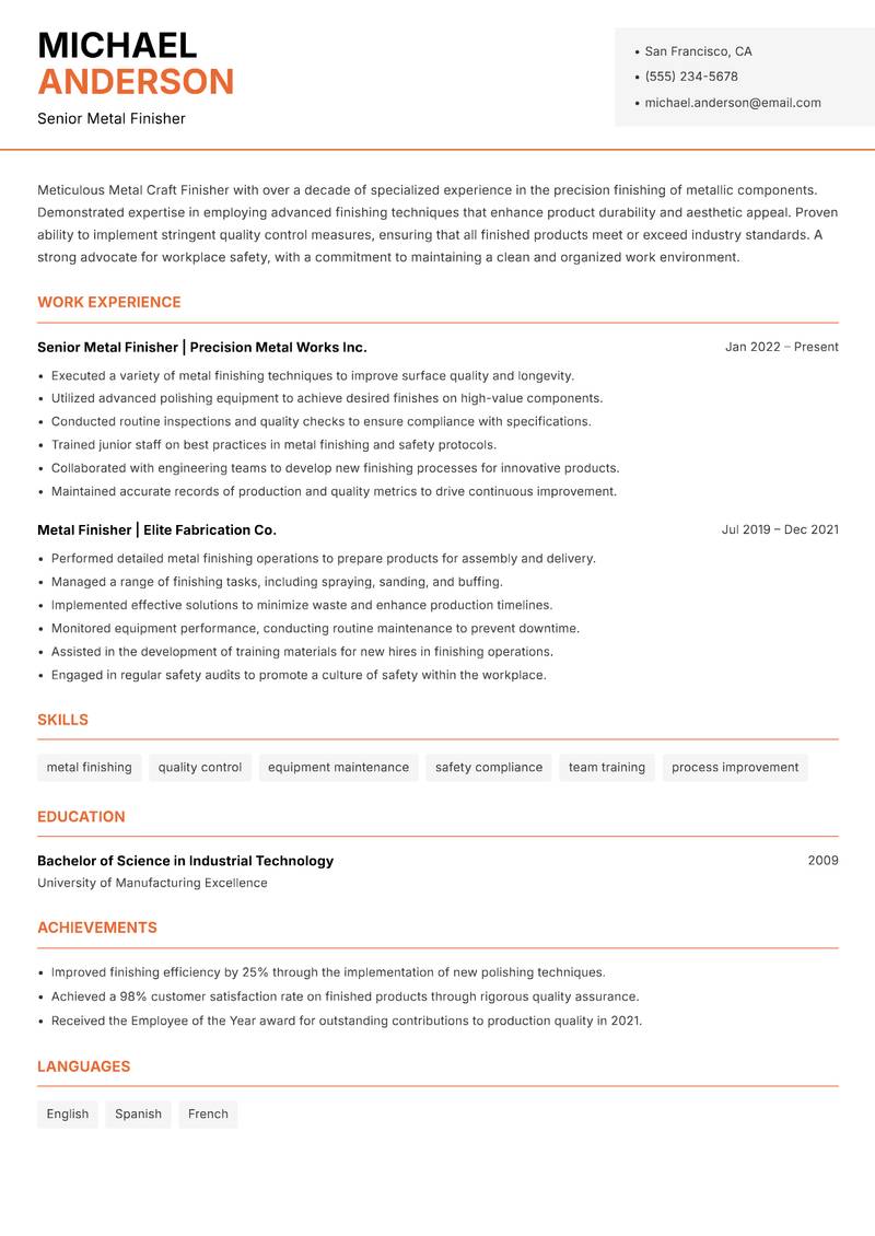 Metal Craft Finisher resume template — Modern Professional