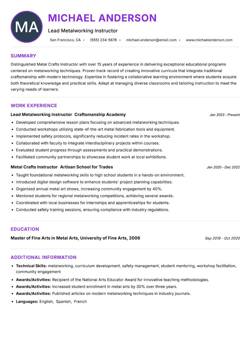 Metal Crafts Instructor resume example — ATS-friendly template