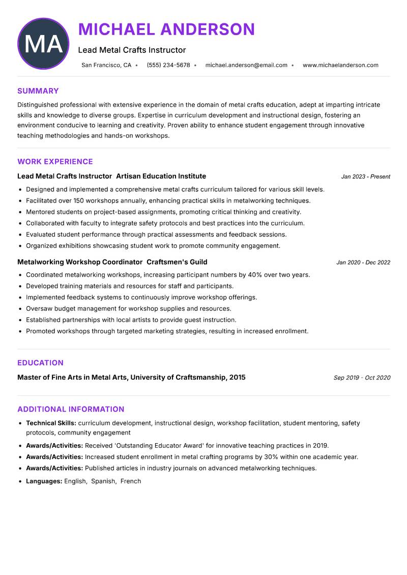 Metal Crafts Trainer resume example — ATS-friendly template