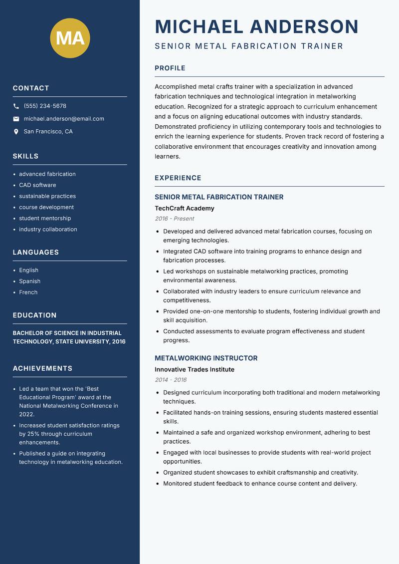 Metal Crafts Trainer resume template — Classic Clean