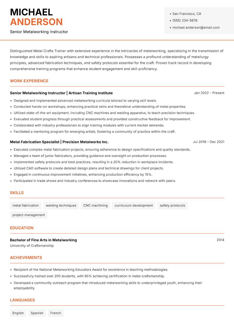 Metal Crafts Trainer resume template — Modern Professional