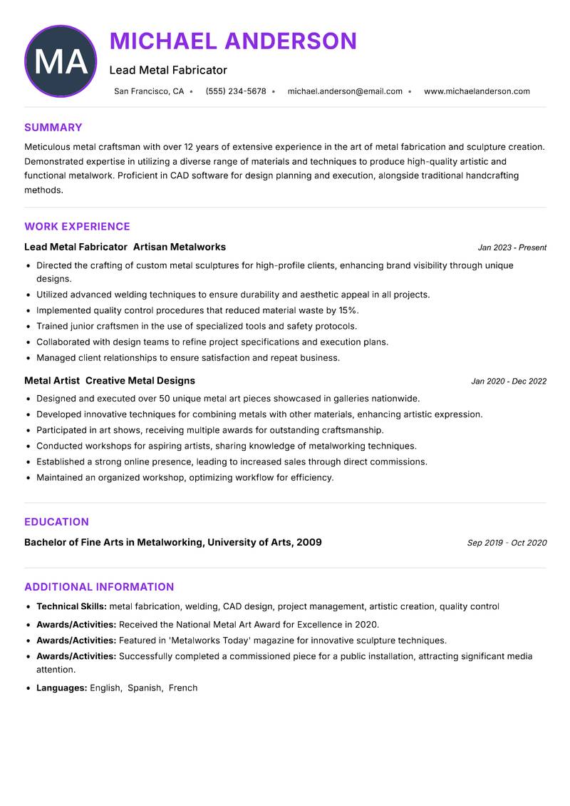 Metal Craftsman resume example — ATS-friendly template