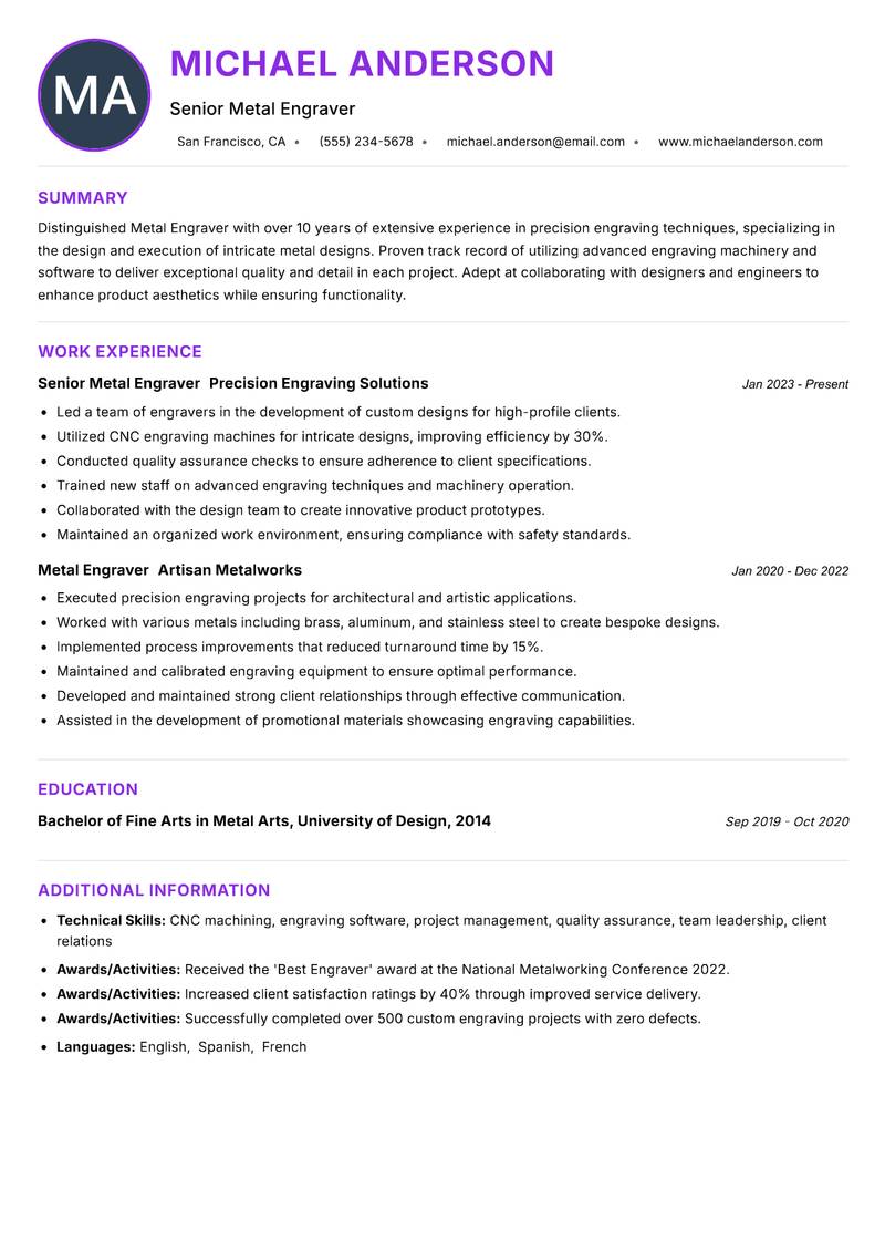 Metal Engraver resume example — ATS-friendly template