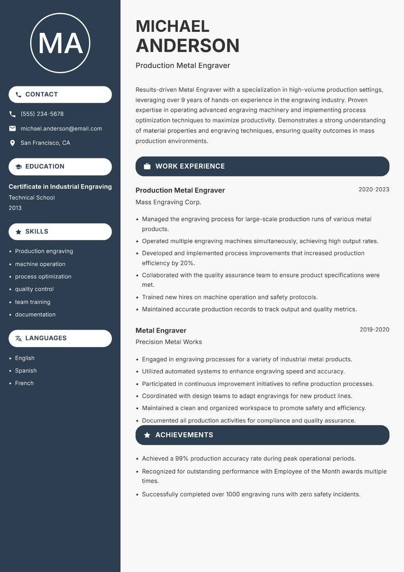 Metal Engraver resume template — Compact
