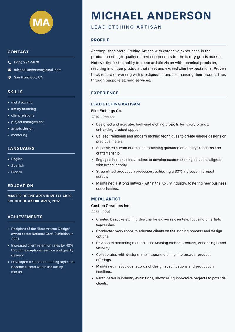 Metal Etching Artisan resume template — Classic Clean