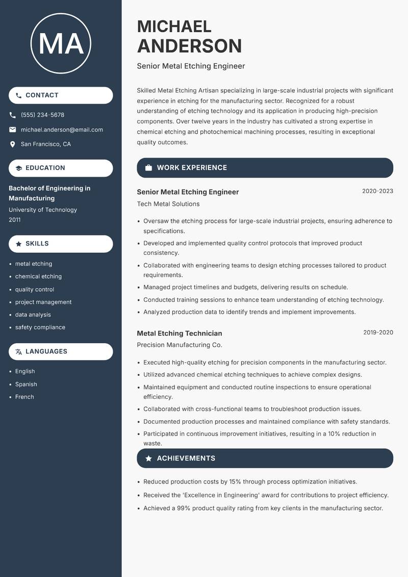 Metal Etching Artisan resume template — Compact