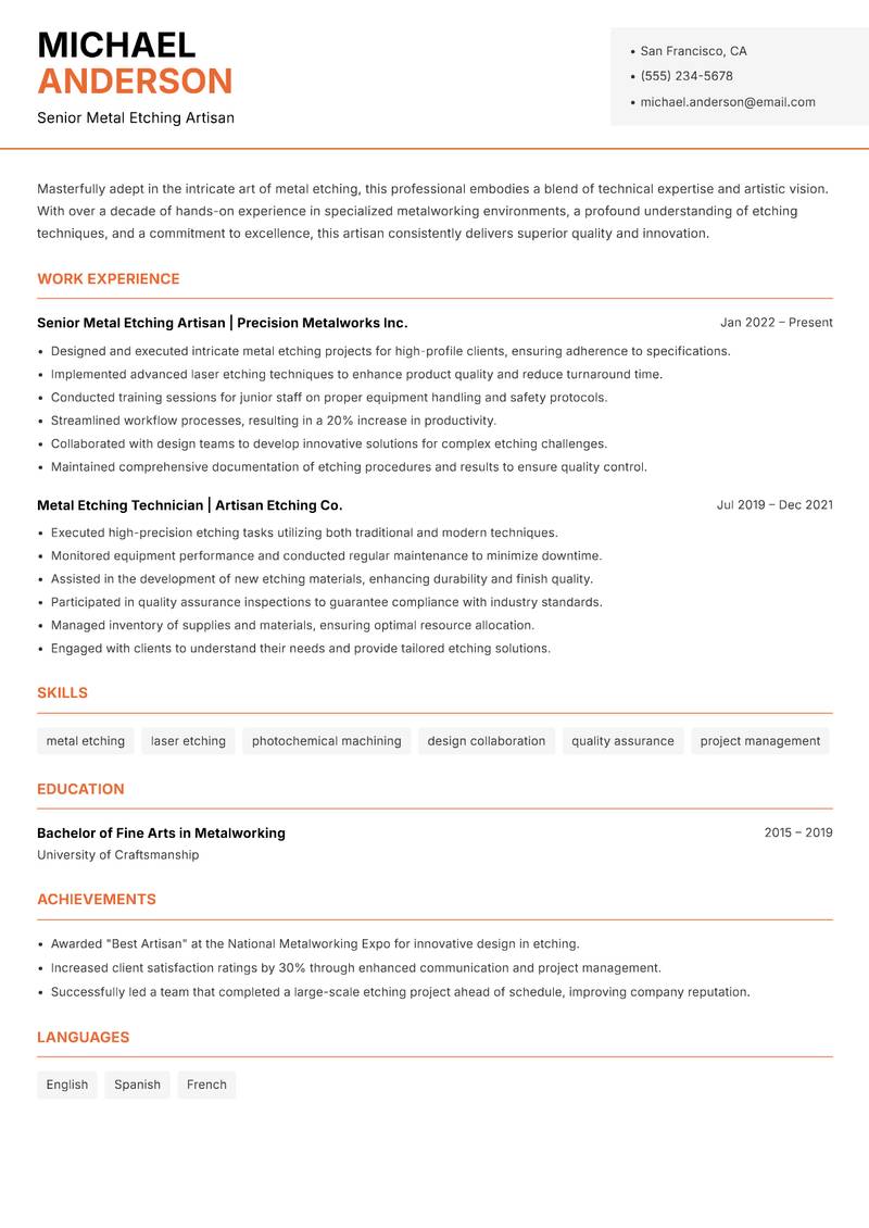 Metal Etching Artisan resume template — Modern Professional