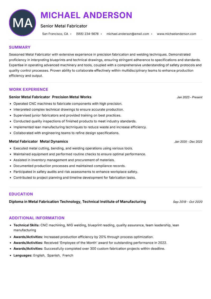 Metal Fabricator resume example — ATS-friendly template
