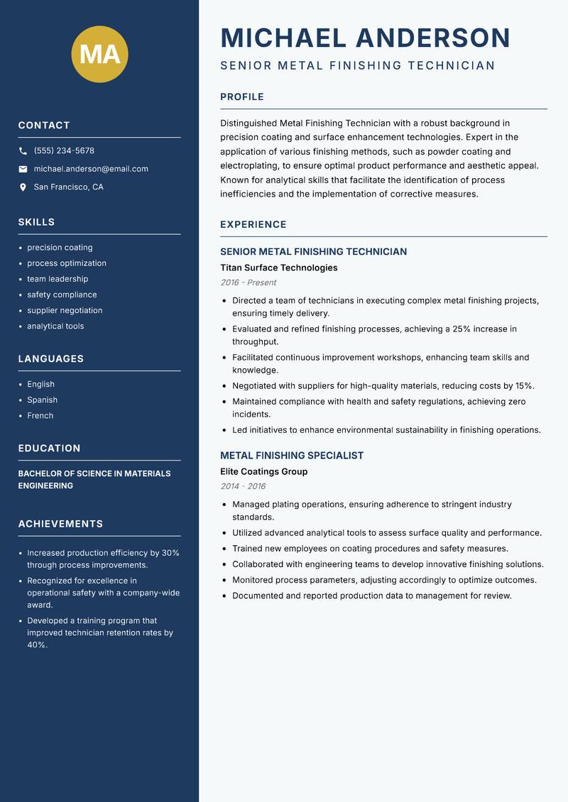 Metal Finishing Technician resume template — Classic Clean