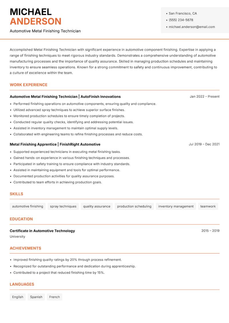 Metal Finishing Technician resume template — Modern Professional