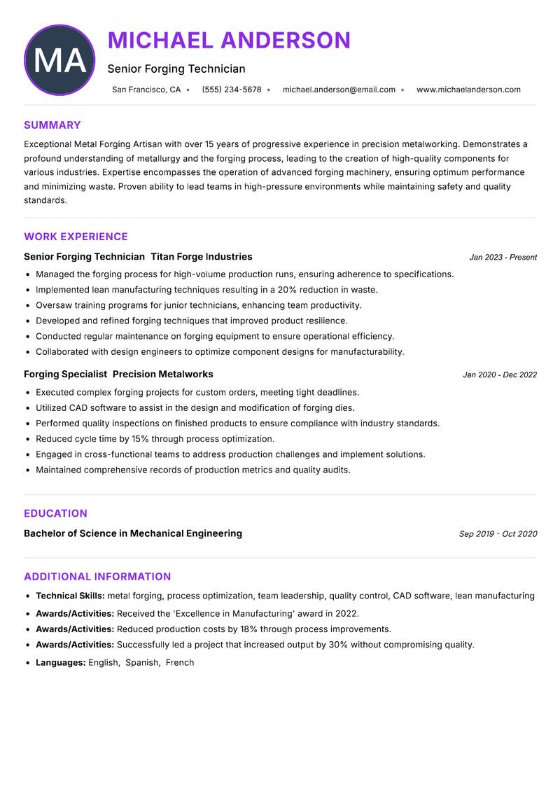 Metal Forging Artisan resume example — ATS-friendly template