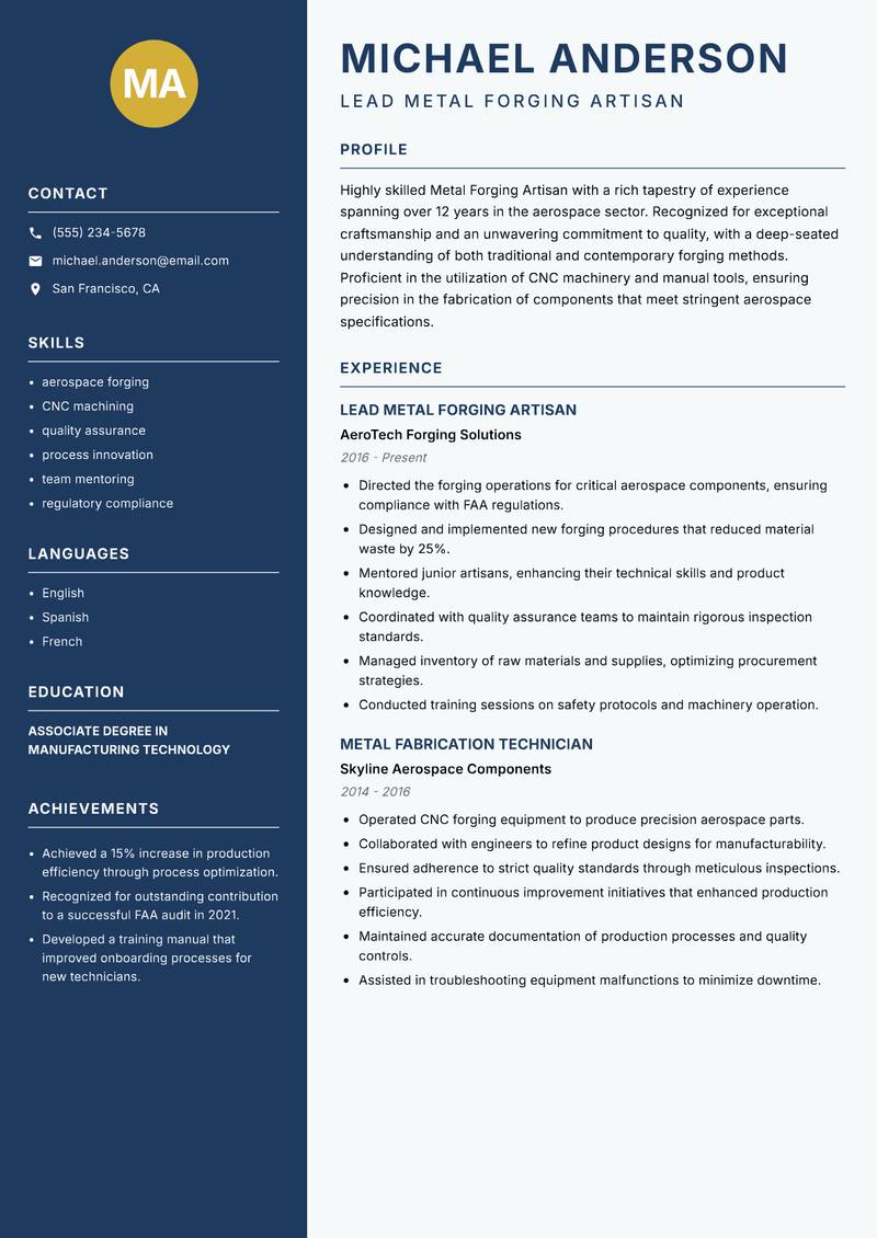 Metal Forging Artisan resume template — Classic Clean