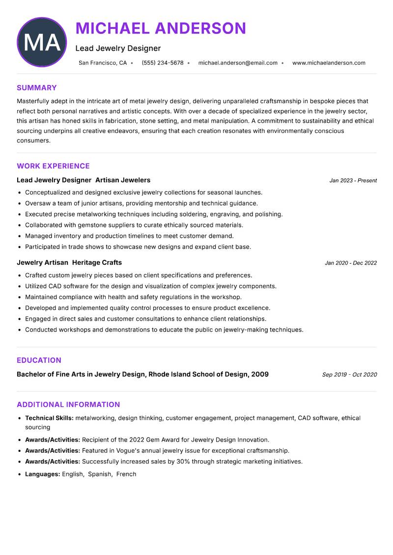 Metal Jewelry Artisan resume example — ATS-friendly template