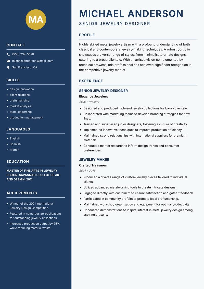 Metal Jewelry Artisan resume template — Classic Clean