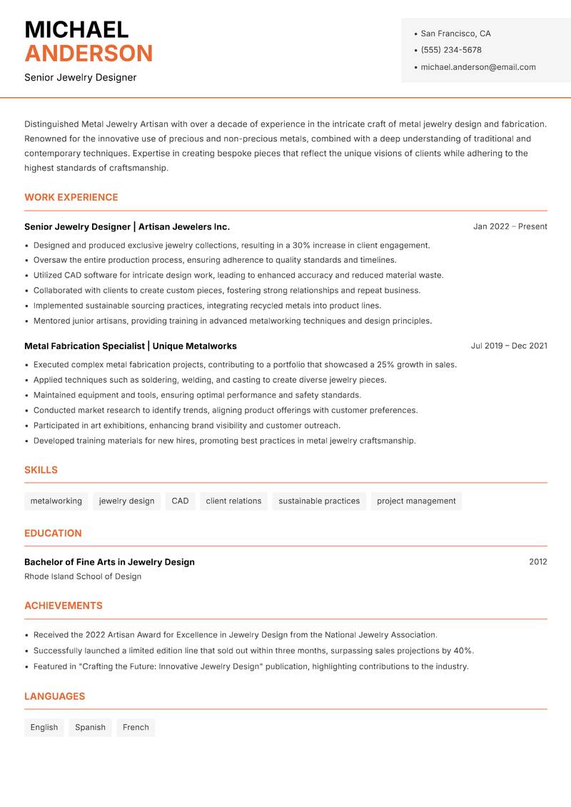 Metal Jewelry Artisan resume template — Modern Professional