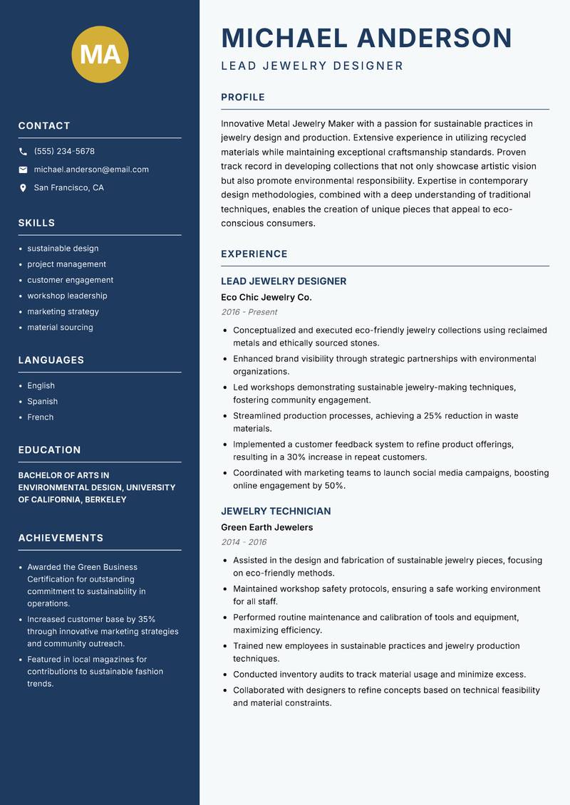 Metal Jewelry Maker resume template — Classic Clean