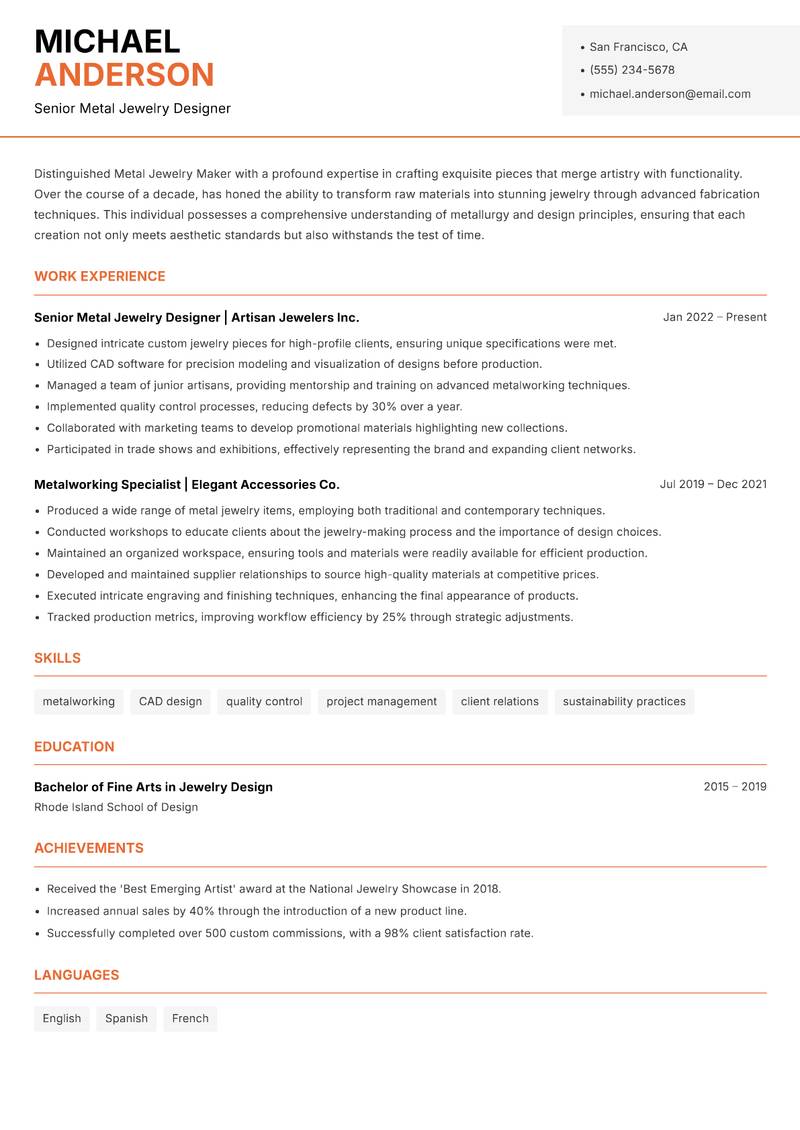 Metal Jewelry Maker resume template — Modern Professional