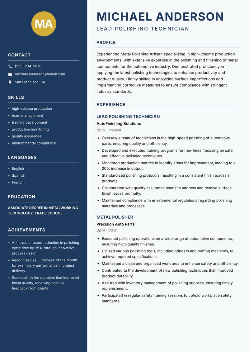Metal Polishing Artisan resume template — Classic Clean