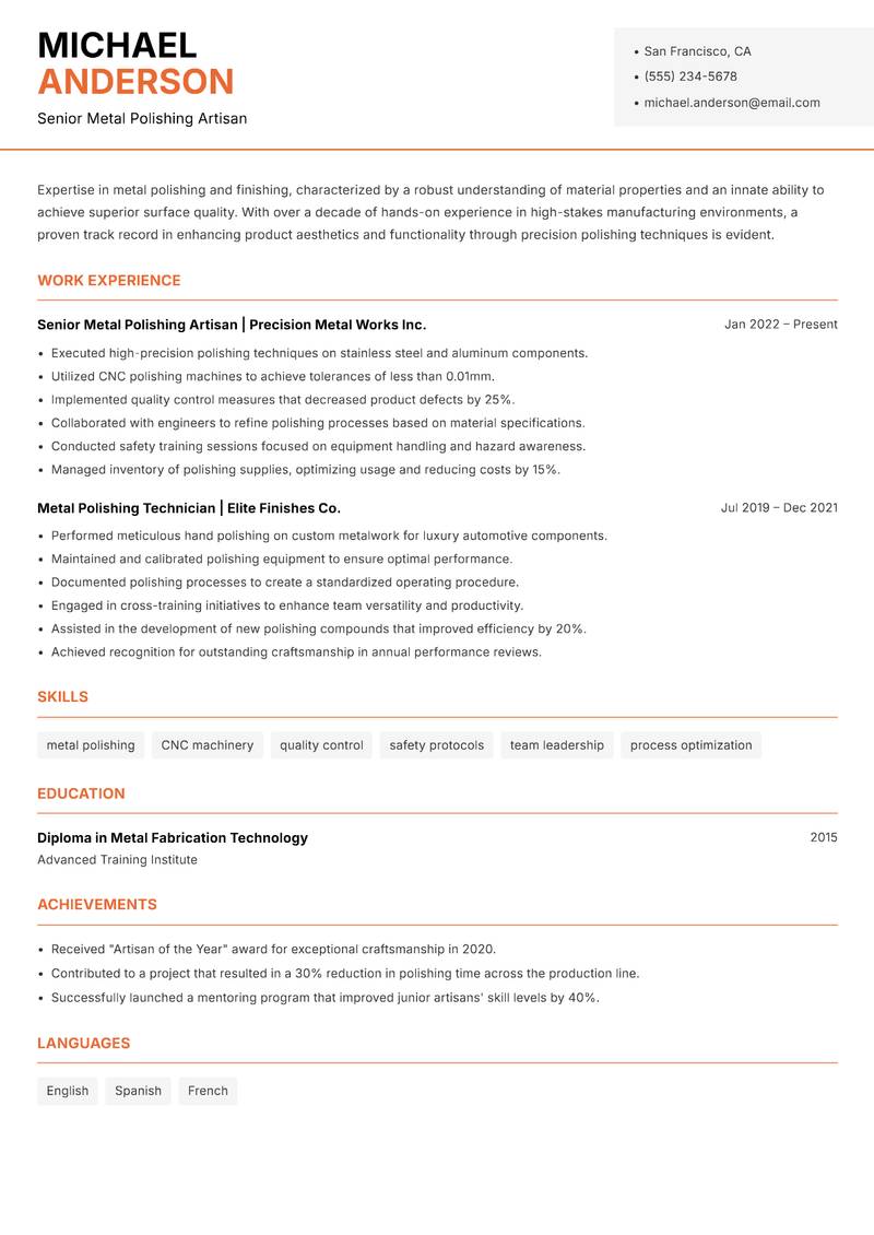 Metal Polishing Artisan resume template — Modern Professional