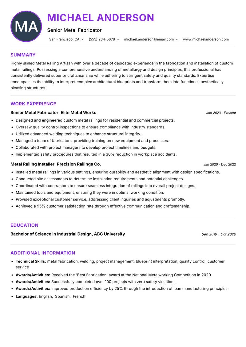 Metal Railing Artisan resume example — ATS-friendly template
