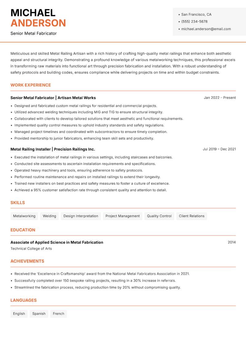Metal Railing Artisan resume template — Modern Professional