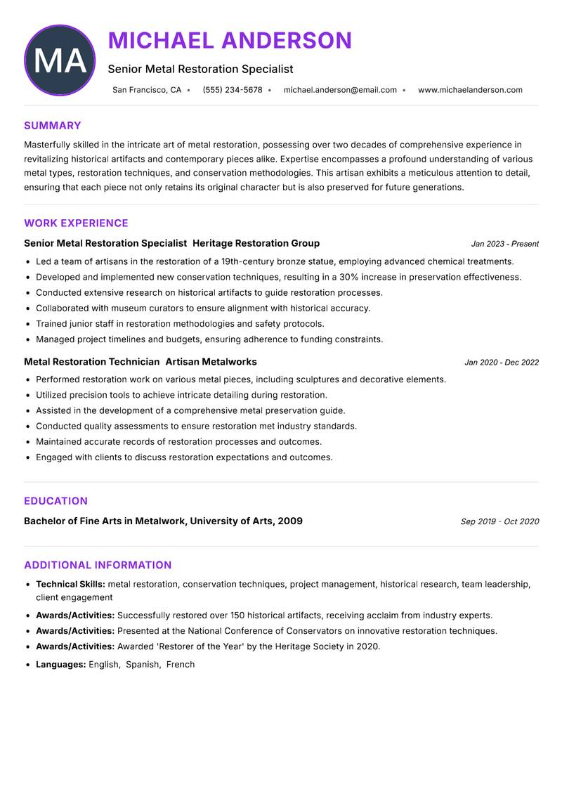 Metal Restoration Artisan resume example — ATS-friendly template