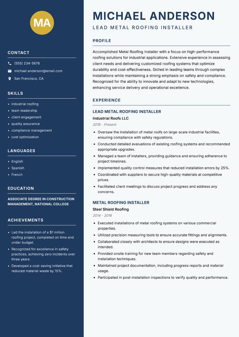 Metal Roofing Installer resume template — Classic Clean