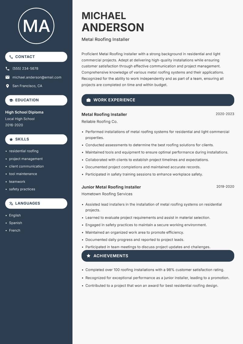 Metal Roofing Installer resume template — Compact