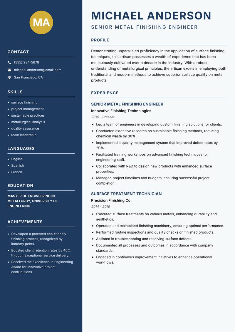 Metal Surface Finishing Artisan resume template — Classic Clean
