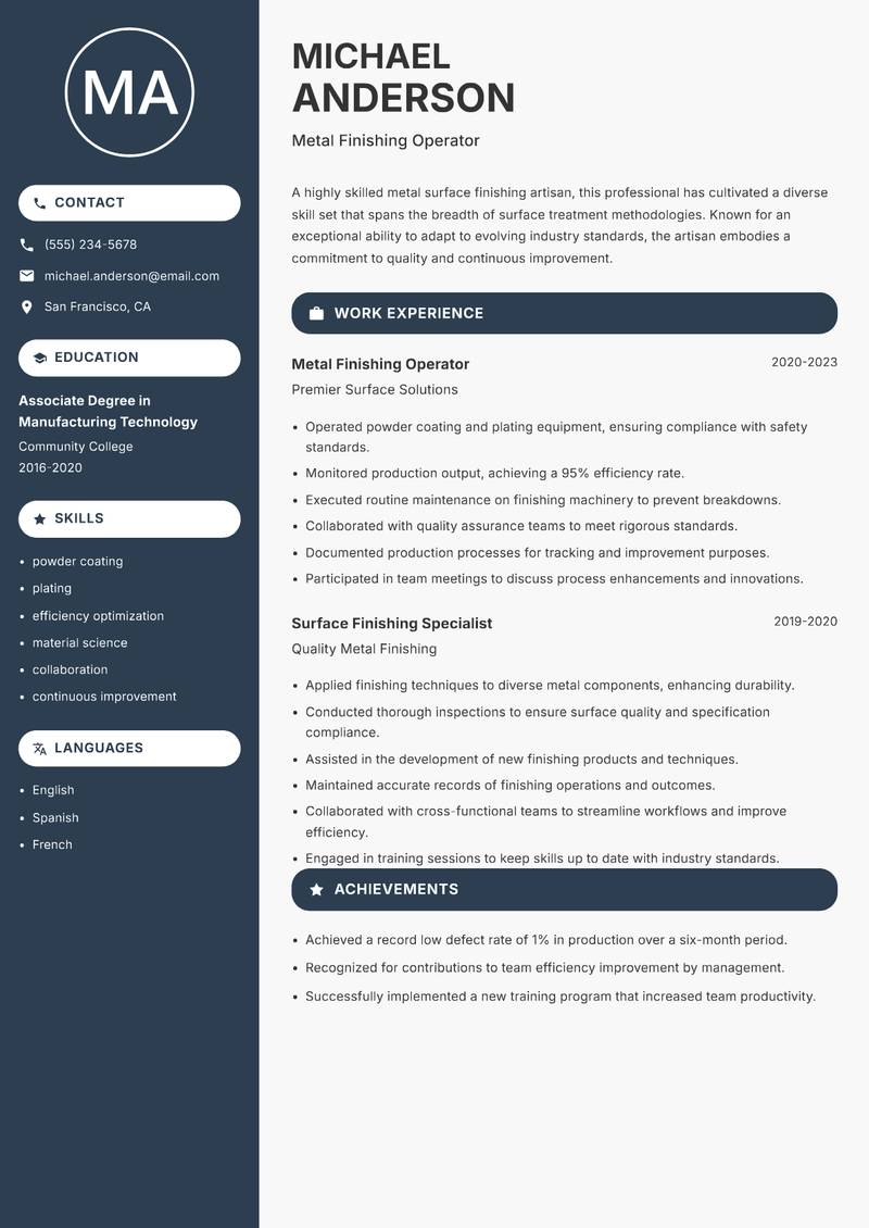 Metal Surface Finishing Artisan resume template — Compact