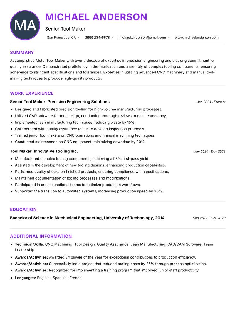 Metal Tool Maker resume example — ATS-friendly template