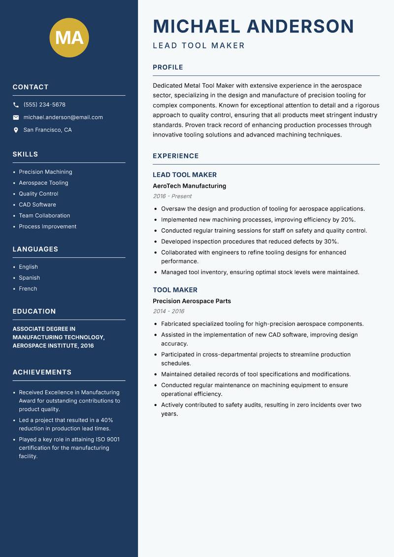 Metal Tool Maker resume template — Classic Clean