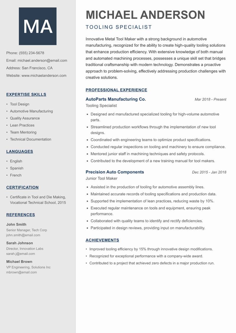 Metal Tool Maker resume template — Creative Minimal