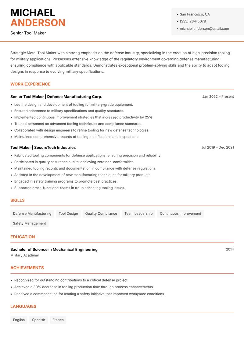 Metal Tool Maker resume template — Modern Professional