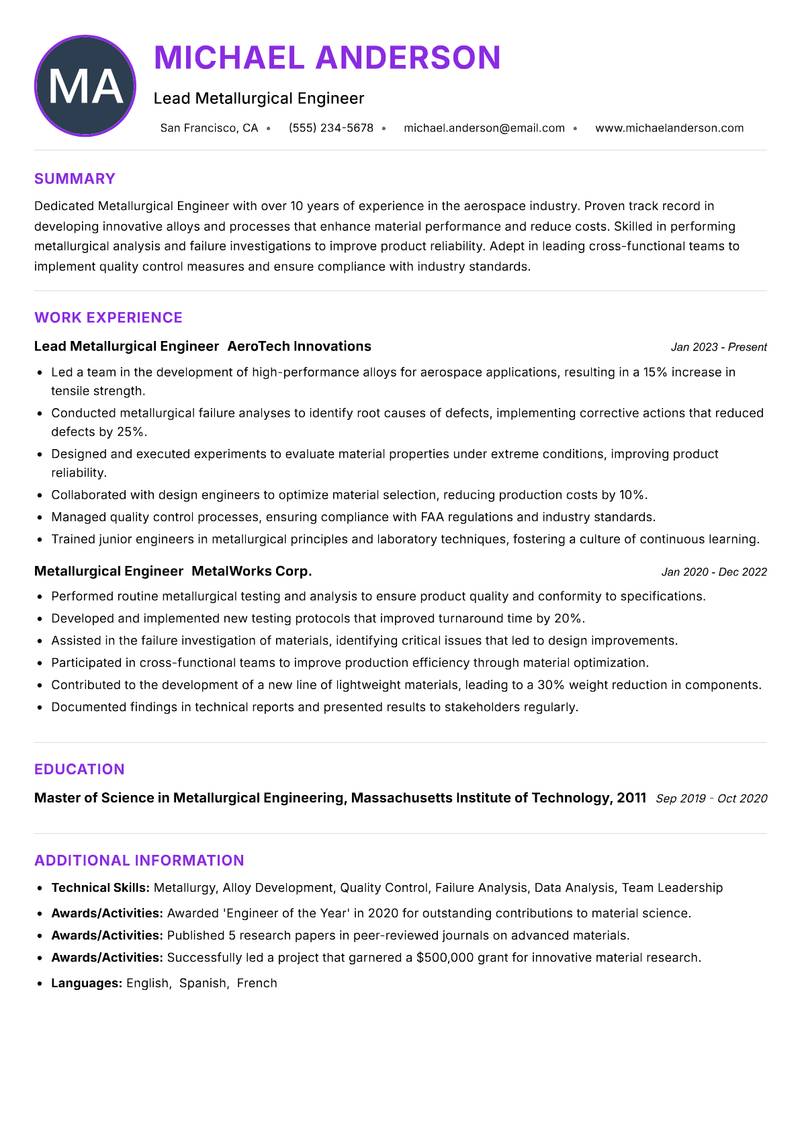 Metallurgical Engineer resume example — ATS-friendly template
