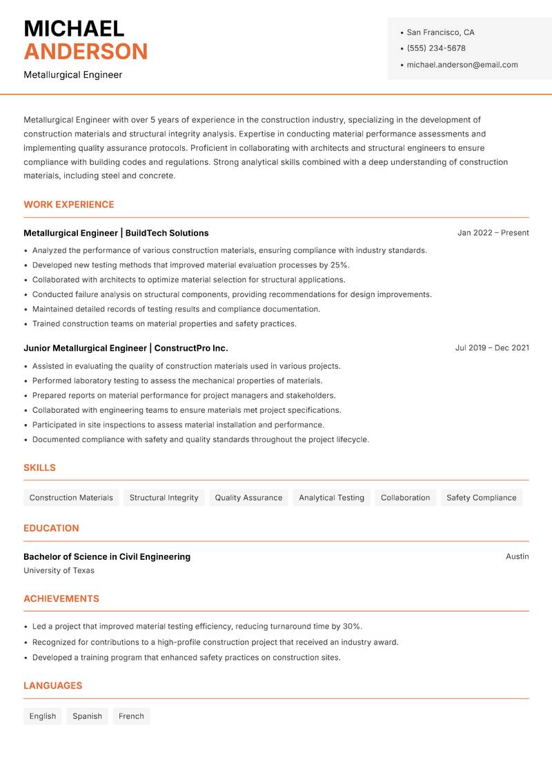Metallurgical Engineer resume template — Modern Professional