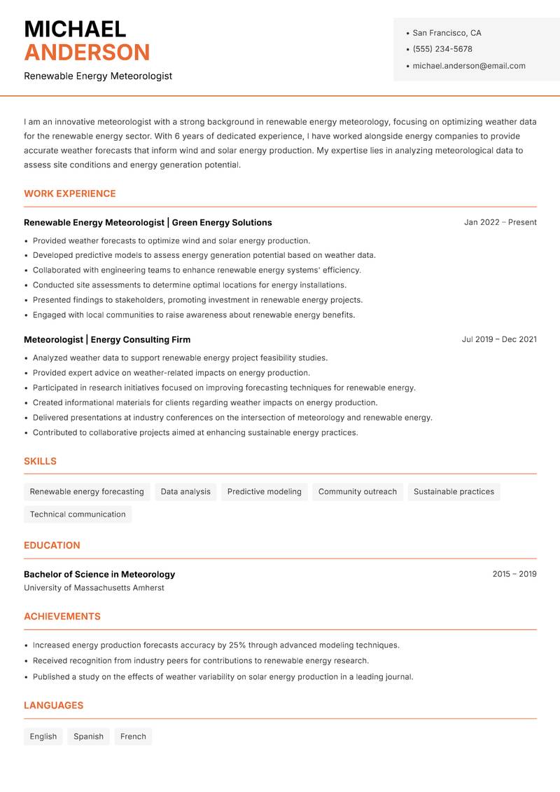 Meteorologist resume template — Modern Professional