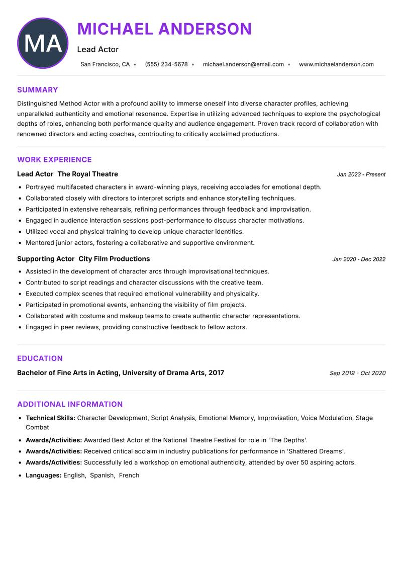Method Actor resume example — ATS-friendly template
